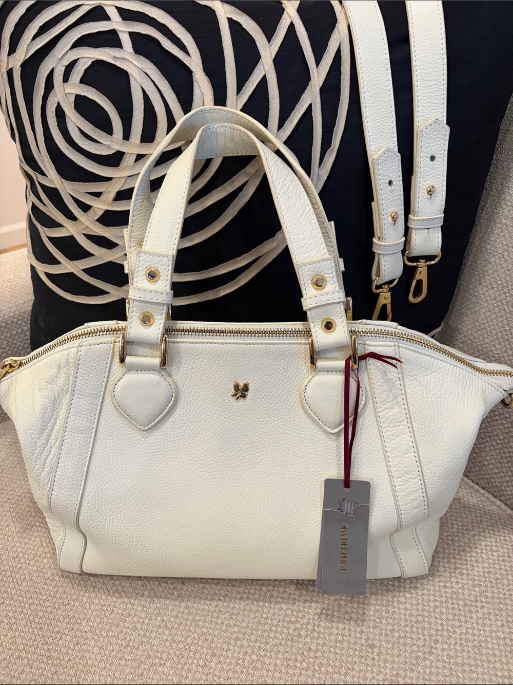 Women's White Leather Satchel Tote with Detachable Strap.  Gorgeous as a gift.